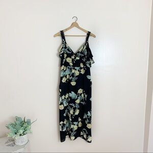 [JD Luxe] Black Yellow Floral Print Cold Shoulder Midi Dress